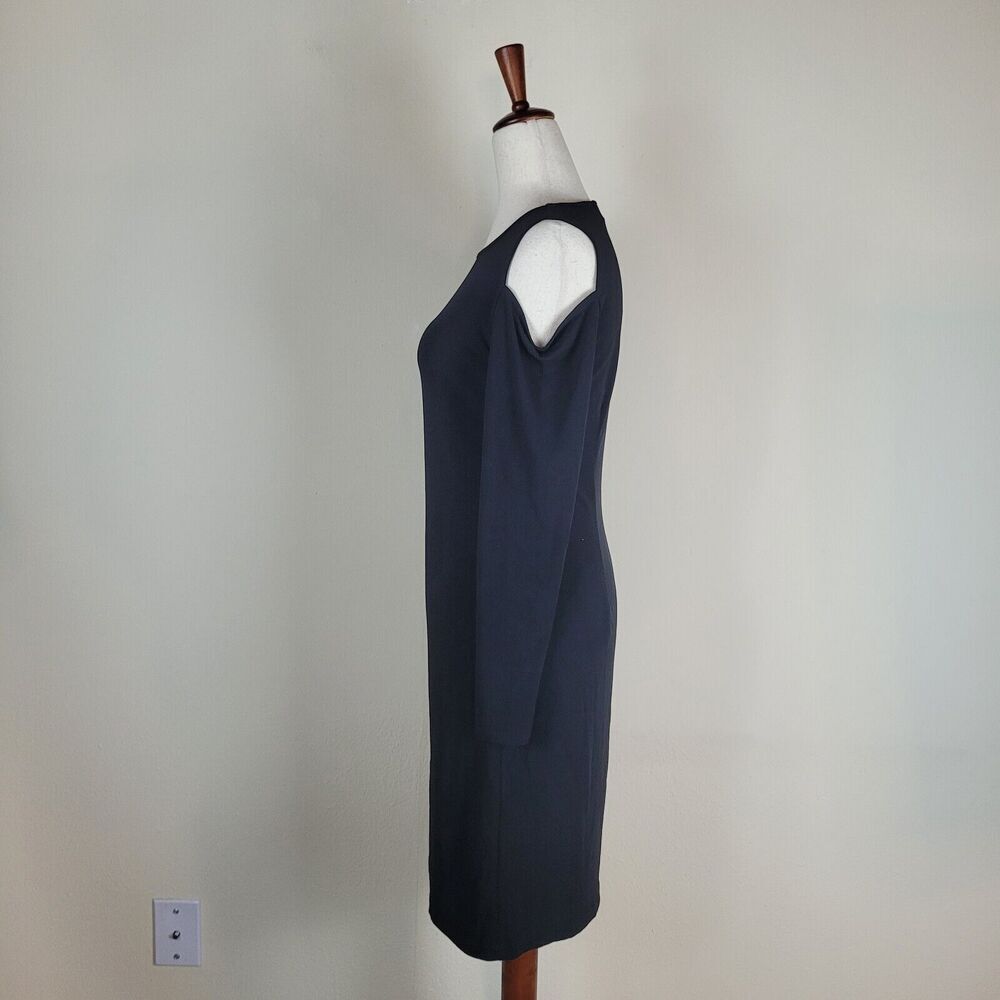 Carmen Marc Valvo Dress Small Black Cold Shoulder One Sleeve Faux Leather Trim - Picture 5 of 8